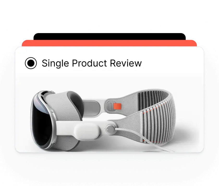 Promotional image for Surfer AI featuring the text 'Utilize Templates for your commercial content needs!' accompanied by an example of a 'Single Product Review' template showcasing VR goggles.